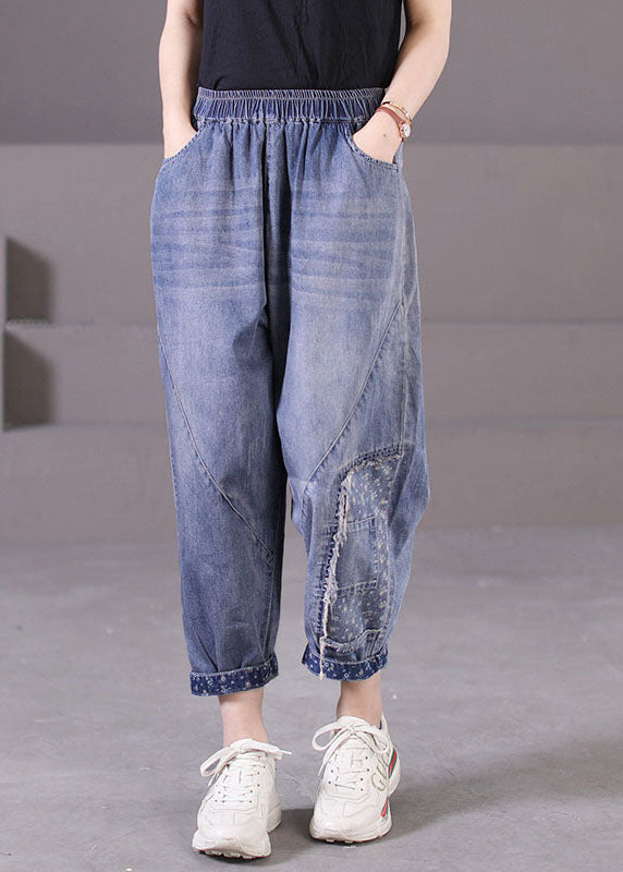Blue Elastic Waist Pockets Patchwork Applique Cotton Denim Harem Pants Summer