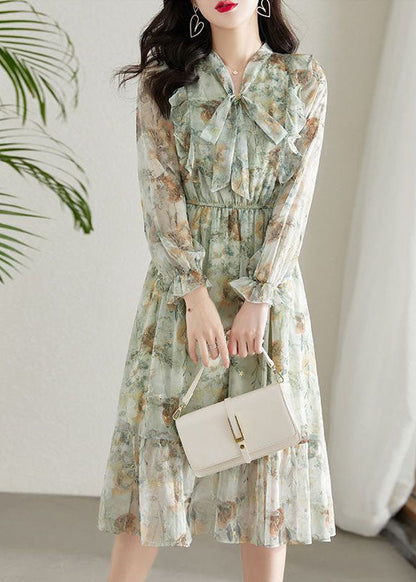Light Green Cinched Patchwork Print Chiffon Dress Spring