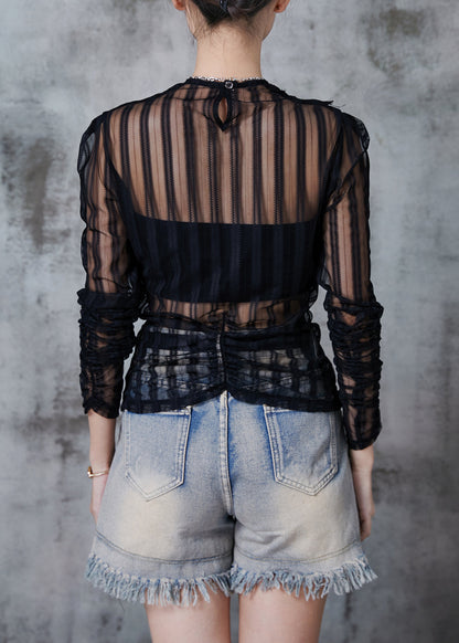 Black Asymmetrical Patchwork Tulle Eyelash Tops Fall