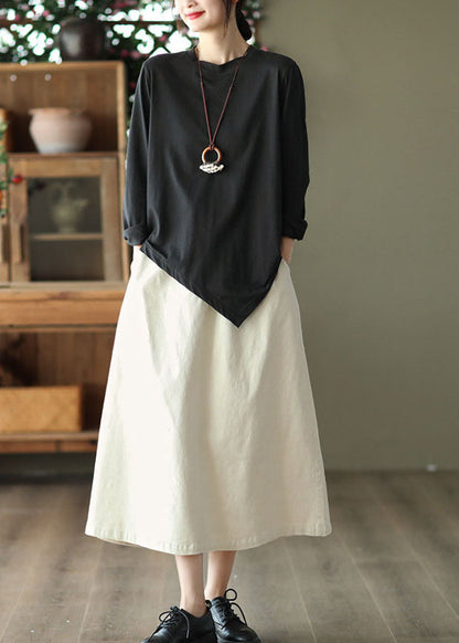 French Black O-neck Asymmetrical Cotton Shirt Top Spring