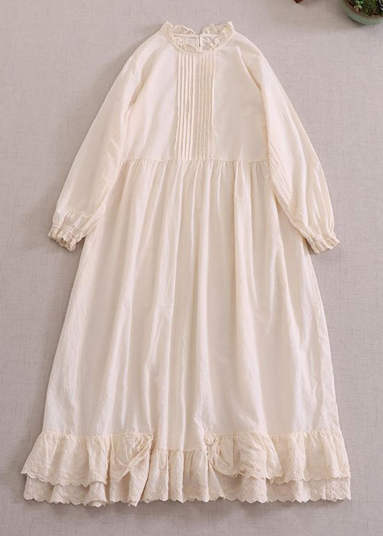 Beige Ruffled Cotton Dresses Long Sleeve