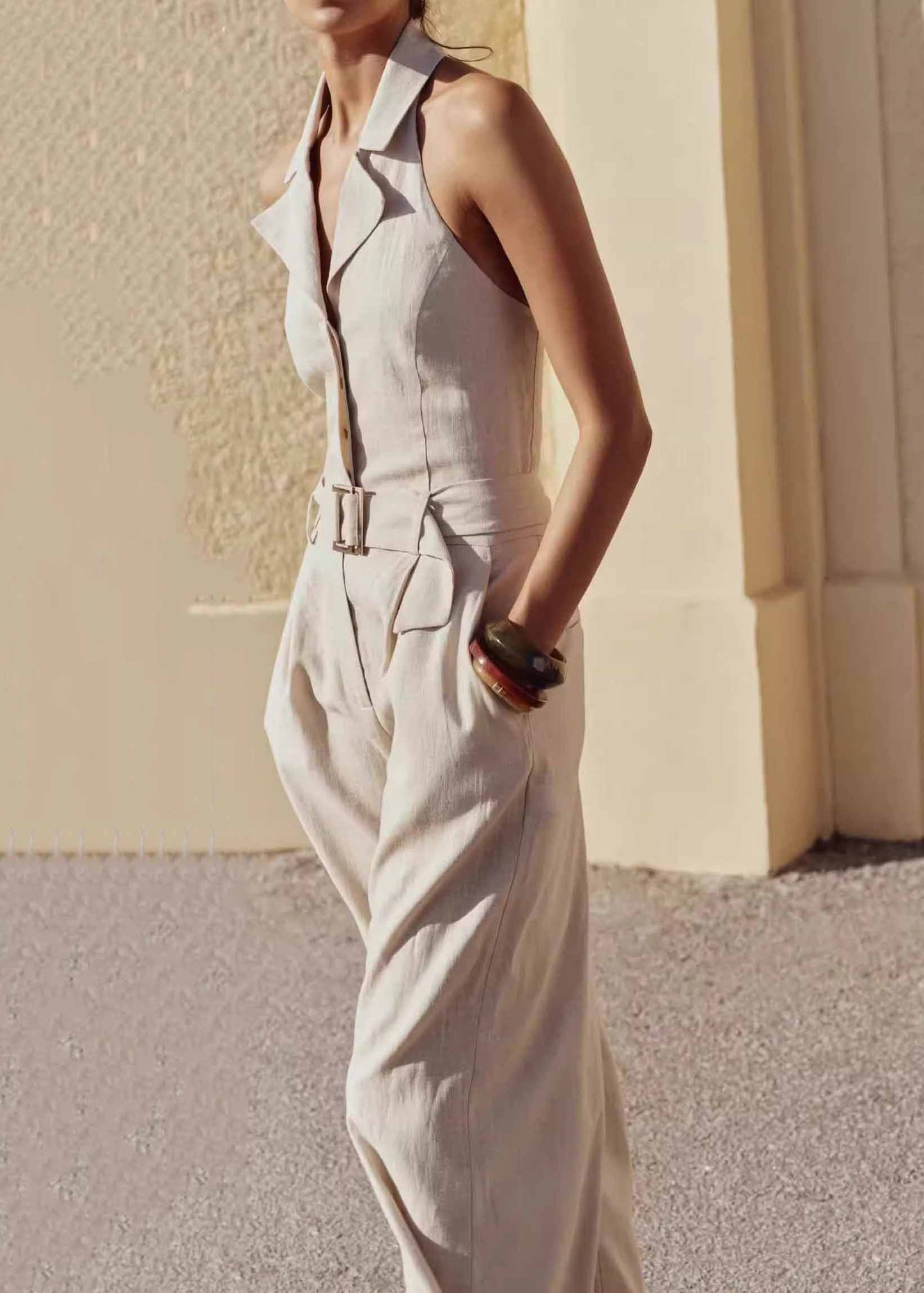 Beige Halter Pockets Cotton Jumpsuit Sleeveless