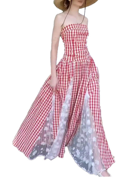 French Red Plaid Lace Patchwork Off the Shoulder Dress Summer