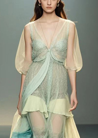 Light Green V Neck Patchwork Silk Holiday Dress Summer