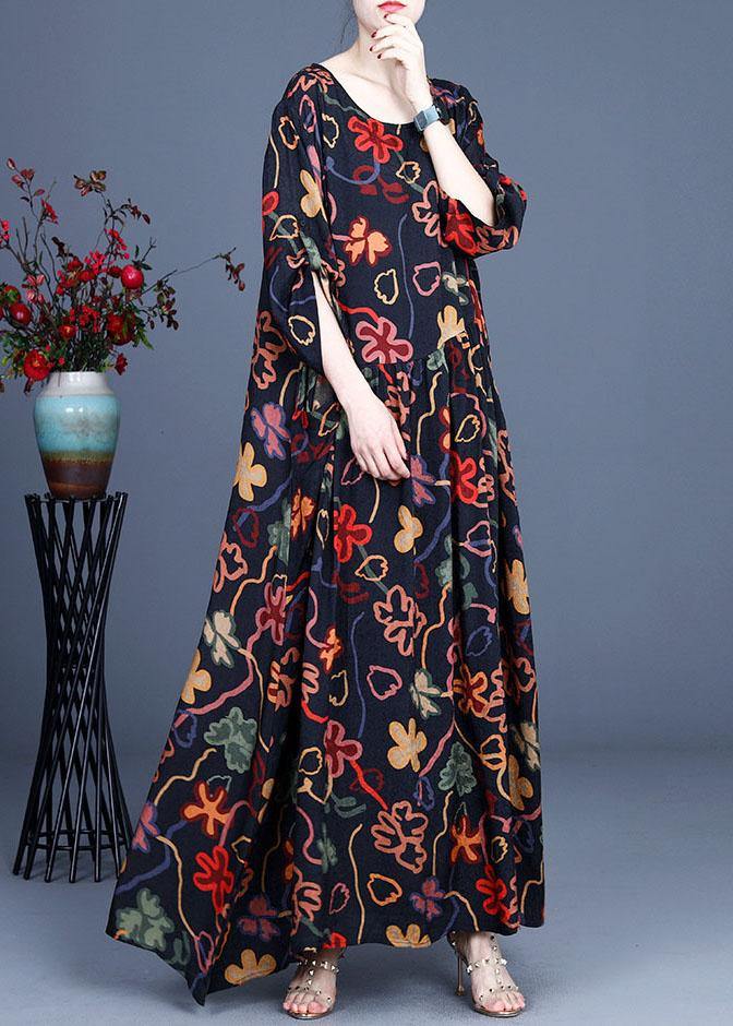 Stylish Navy Print O-neck Asymmetrical Design Summer Chiffon Ankle Dress