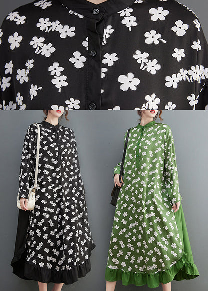 French Green Stand Collar Button Print Shirt Dress Long Sleeve
