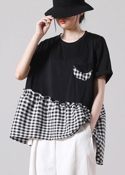 Fine Black Patchwork Asymmetrical Design Ruffled Cotton Short Sleeve Summer Shirt Top