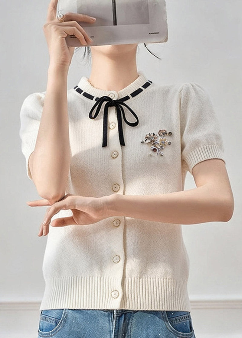 French White Peter Pan Collar Tie Lace Knit Top Short Sleeve Summer