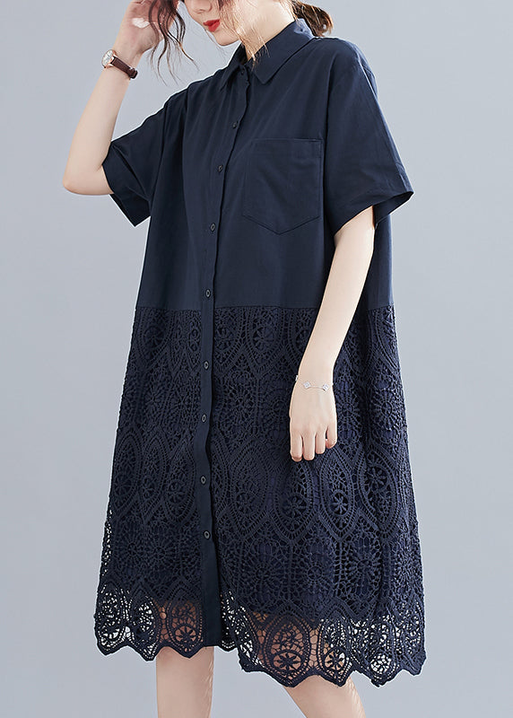 Navy Peter Pan Collar Button Lace Patchwork Hollow Out Shirt Dress Short Sleeve