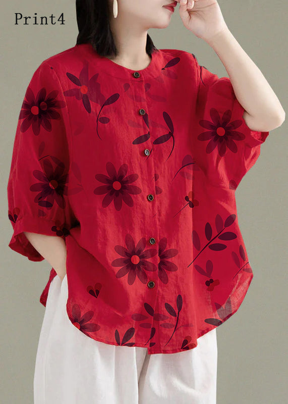 Art White Flowers O-neck Button Linen Loose Shirt Top Lantern Sleeve