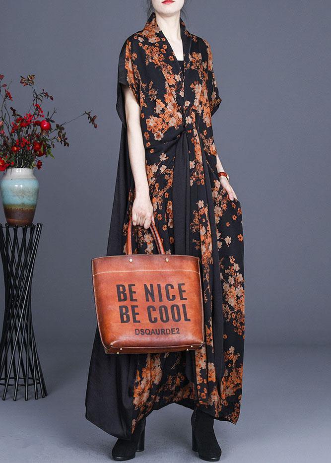 Natural Black Print Patchwork Silk Summer Maxi Dress