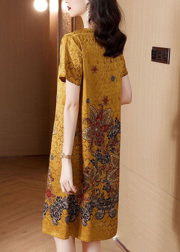 Yellow O-neck Print Silk Robe Dresses Summer