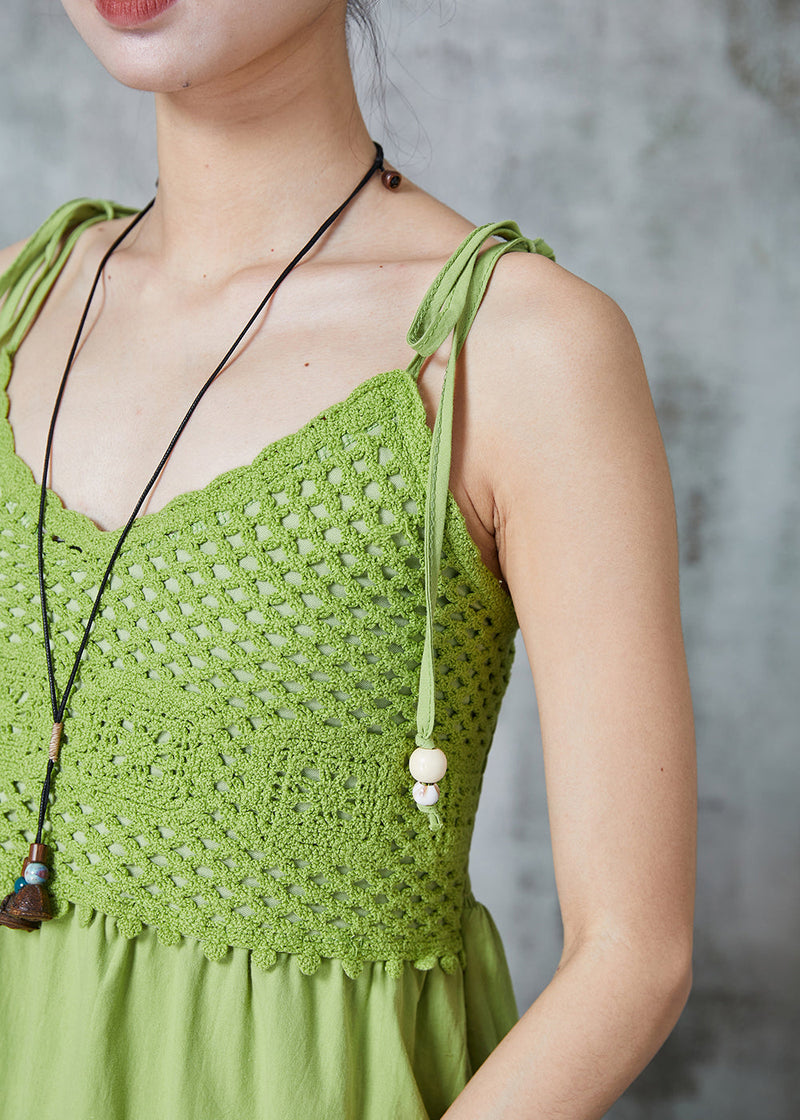 Green Silm Fit Patchwork Cotton Spaghetti Strap Dress Summer