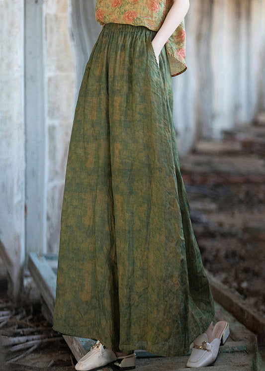 Green Print Pockets Linen Wide Leg Pants Summer