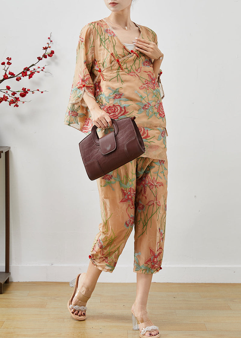 Khaki Embroidered Chinese Button Silk Two Pieces Set Summer