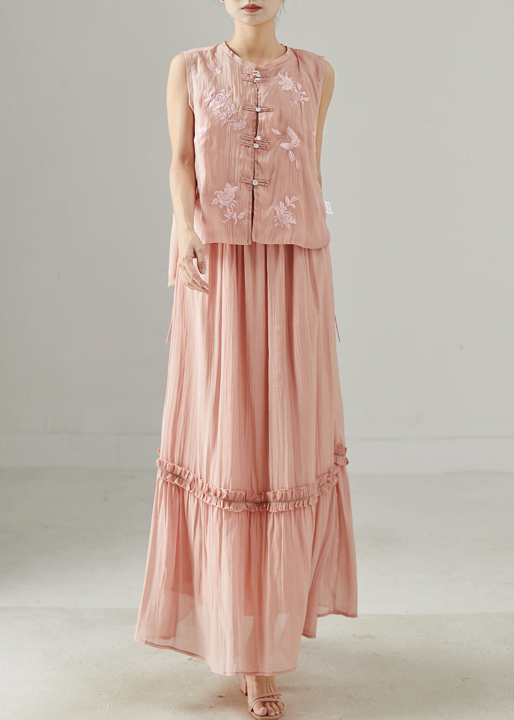 Art Pink Embroidered Ruffled Silk Two Piece Set Clothing Summer