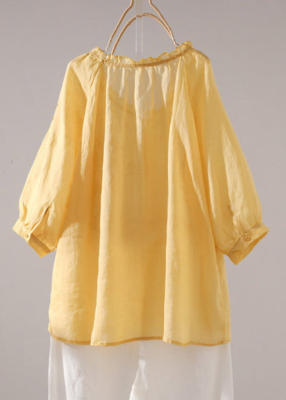 Loose Yellow Embroidered Ruffled Linen T Shirt Half Sleeve