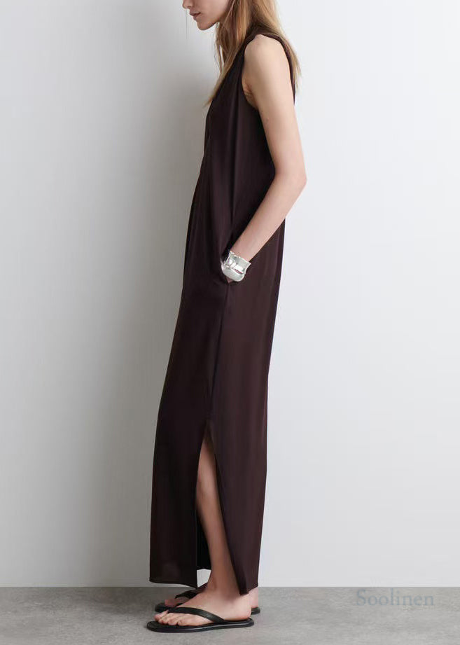 Chocolate V Neck Cotton Straight Dress Sleeveless