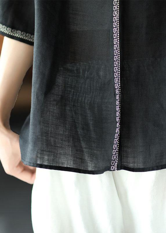 Natural Black O-neck Embroideried Summer Ramie Blouses Half Sleeve