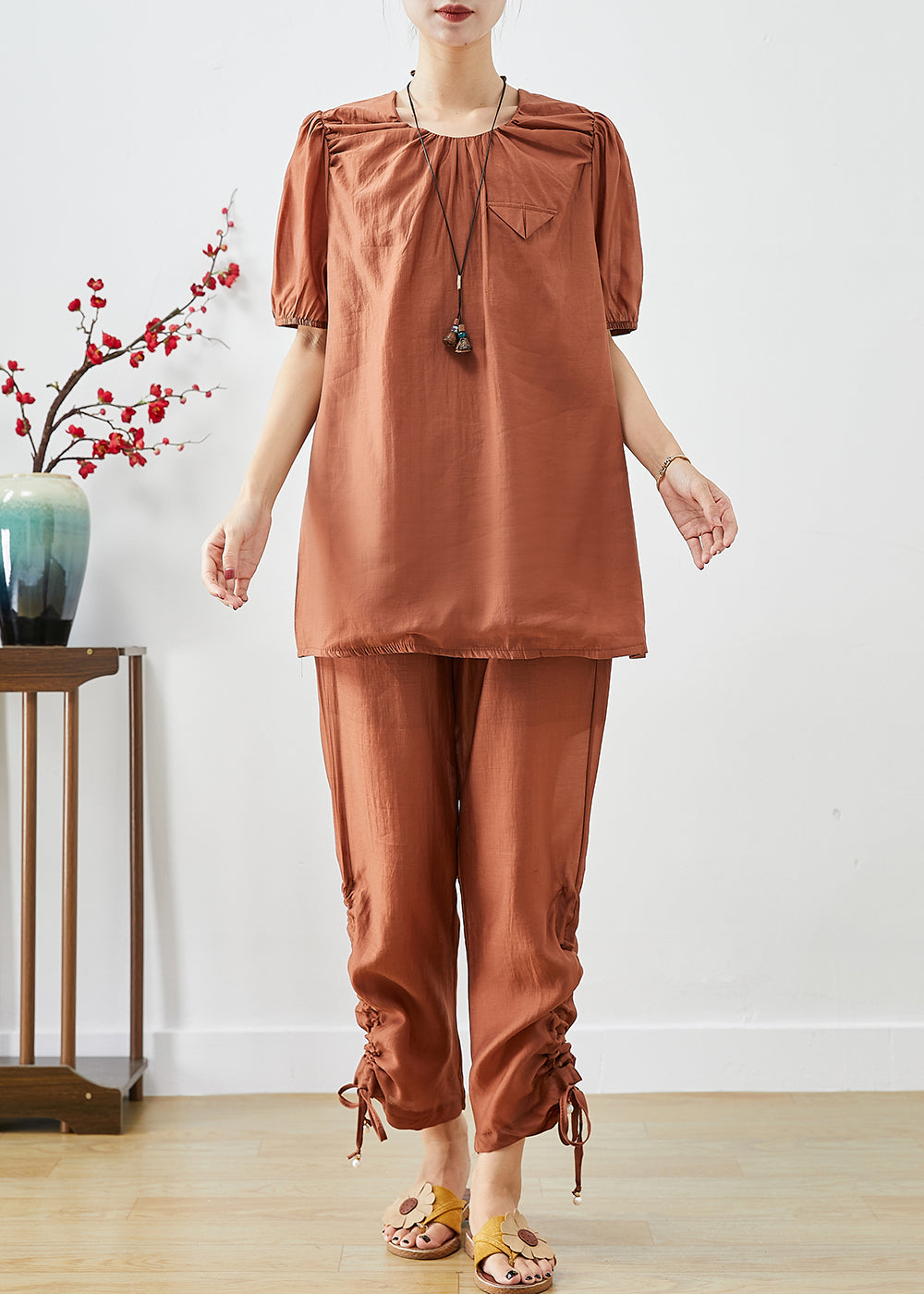 Handmade Brick Red O-neck Cinched Silk Two Pieces Set Summer