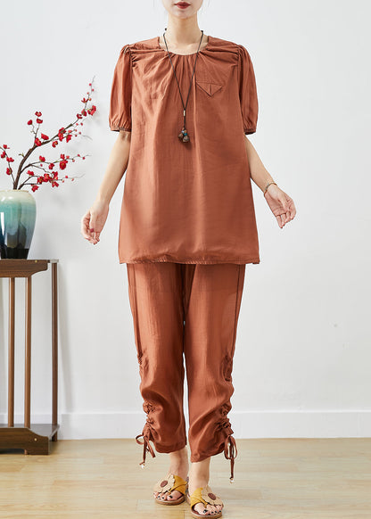 Handmade Brick Red O-neck Cinched Silk Two Pieces Set Summer