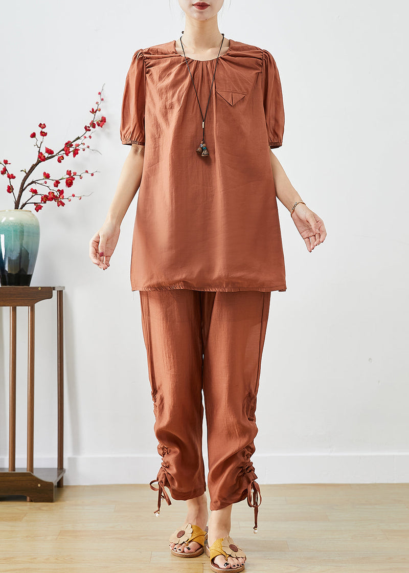 Handmade Brick Red O-neck Cinched Silk Two Pieces Set Summer