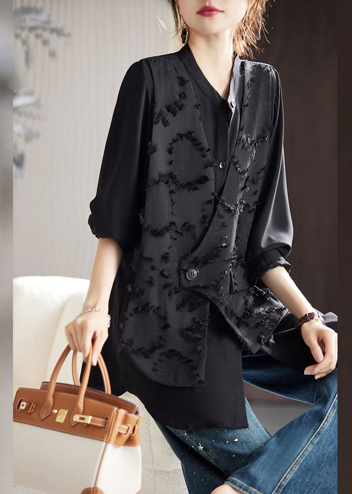 Black O-neck Patchwork Fake Two Pieces Chiffon Top Fall