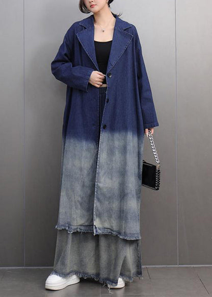 Gradient Color Denim Blue Long Coats and Wide Leg Pants Two Piece Set Spring