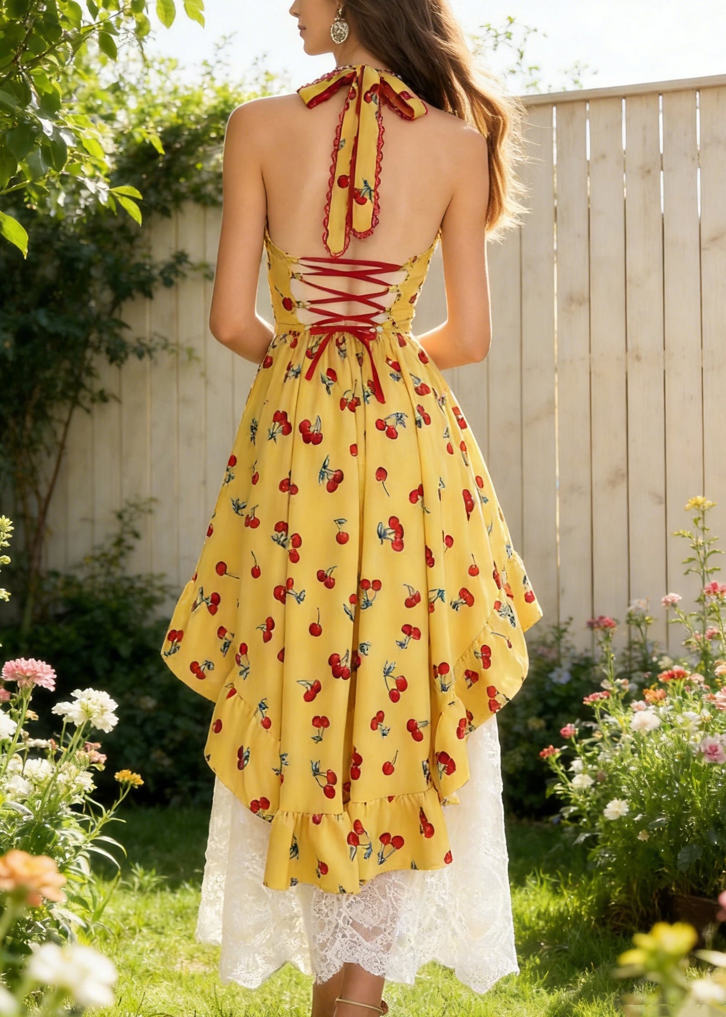Yellow Backless Print Spaghetti Strap Dress and White Lace Skirt Cotton Two Piece Set Sleeveless