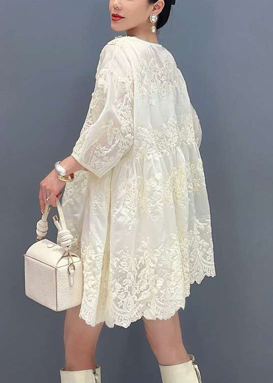 Apricot Embroidered Zircon Lace Mid Dress Bracelet Sleeve