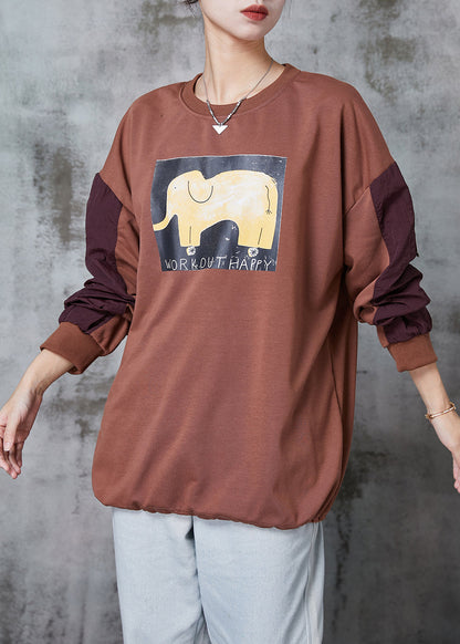 Brown Oversized Patchwork Cotton Sweatshirt Spring