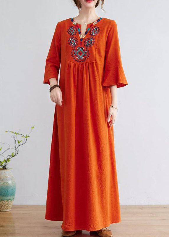 Orange Embroideried Wrinkled Cotton Maxi Dress Bracelet Sleeve