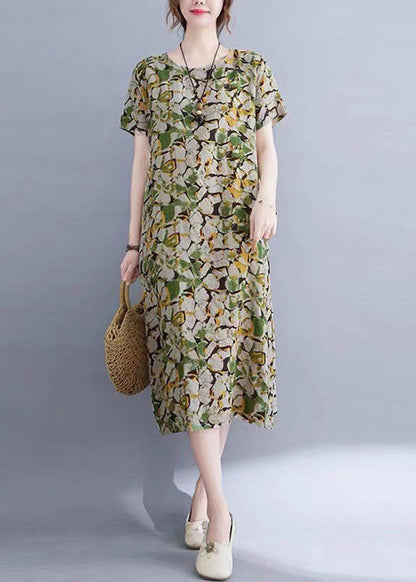 Green O-neck Print Pockets Long Dress Short Sleeve
