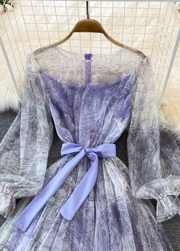 Purple O-neck Bow Tulle Long Dress Puff Sleeve