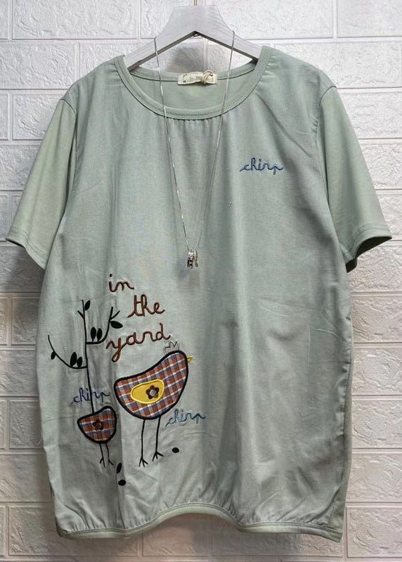 Army Green O Neck Embroideried Patchwork Cotton T Shirt Summer