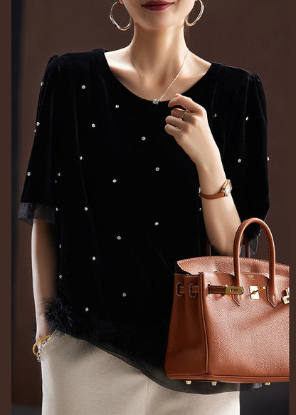 Black Zircon Fluffy Patchwork Silk Velour T Shirt Short Sleeve