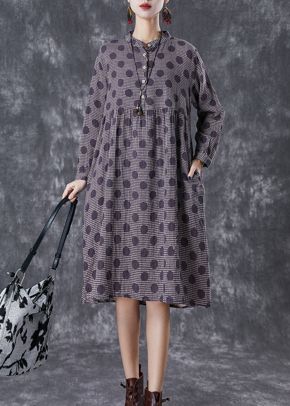 Purple Oversized Print Cotton Vacation Dresses Fall