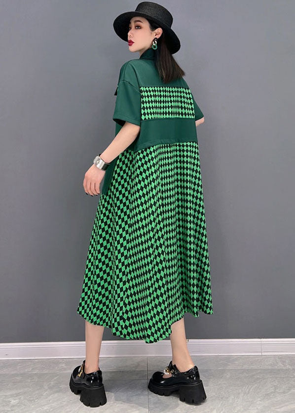 Green Peter Pan Collar Patchwork Print Chiffon Party Dress Short Sleeve