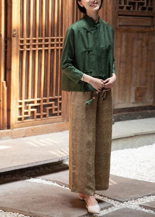 Chinese Style Green Stand Collar Button Tops Long Sleeve