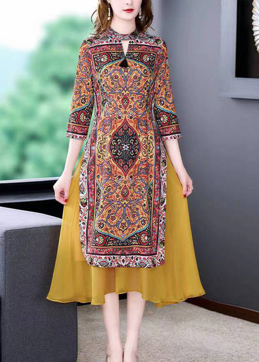 Fitted Yellow Stand Collar Patchwork Print Chiffon Fake Two Piece Dress Summer