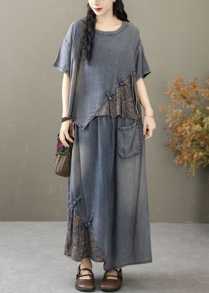 Blue Print T Shirt and Skirts Two Piece Set Short Sleeve