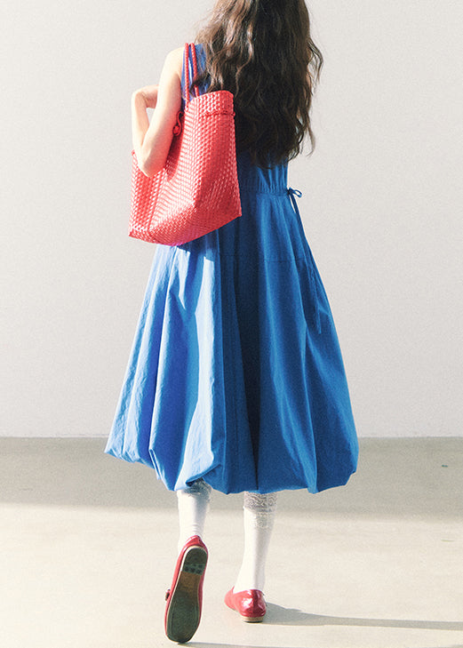 Original Blue O-neck Tie Waist Cotton Long Dress Sleeveless