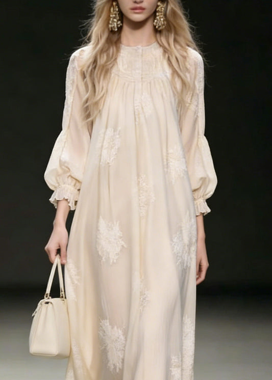 French Beige Embroidered Silk Vacation Dresses Spring