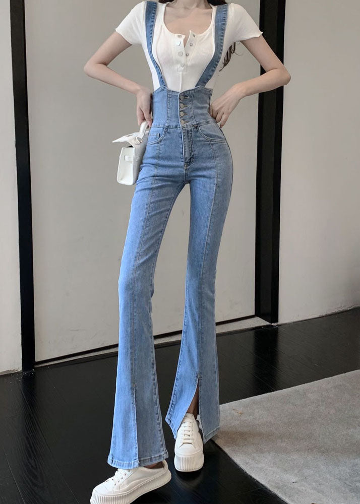 Blue High Waisted Shoulder Strap Denim Flared Pants Summer