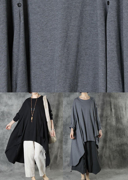 Style Grey Low High Design Button Fall Long Sleeve Shirt Tops