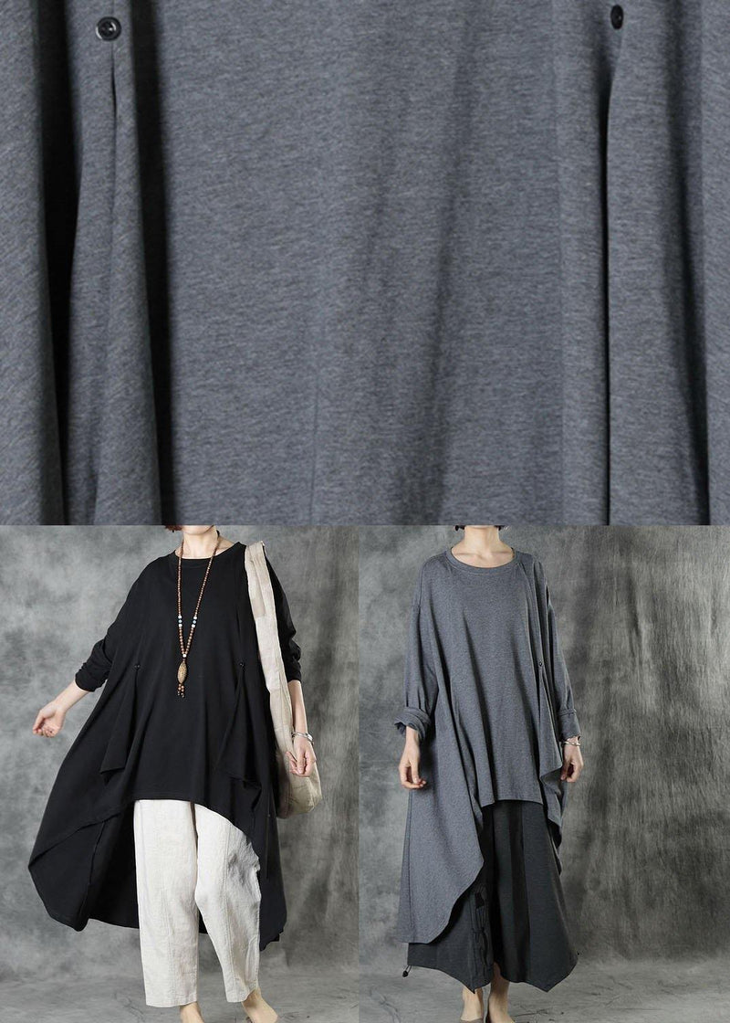 Style Grey Low High Design Button Fall Long Sleeve Shirt Tops