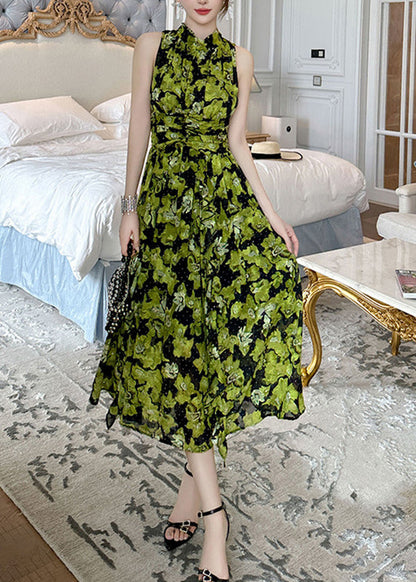 Green Print High Waist Chiffon Holiday Long Dress Summer