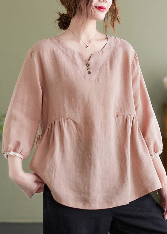 Brief Pink O-neck Wrinkled Button Top Long Sleeve