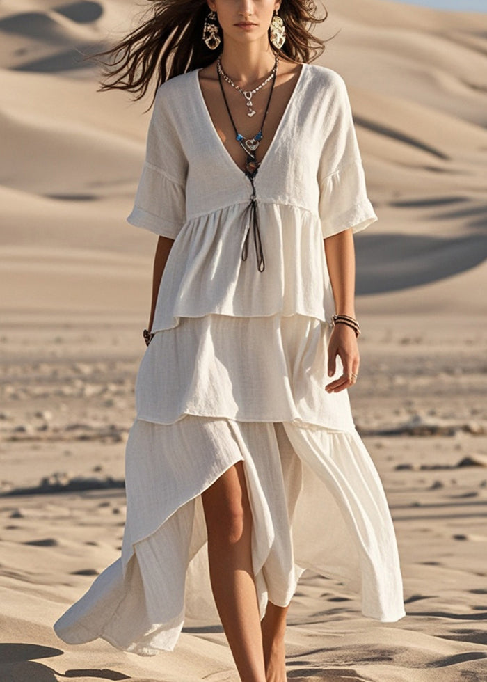 White Asymmetrical Design Cotton Long Dress Summer