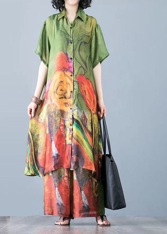 Italian Green Print Satin Shirt Dress and Pants Two Piece Set Short Sleeve